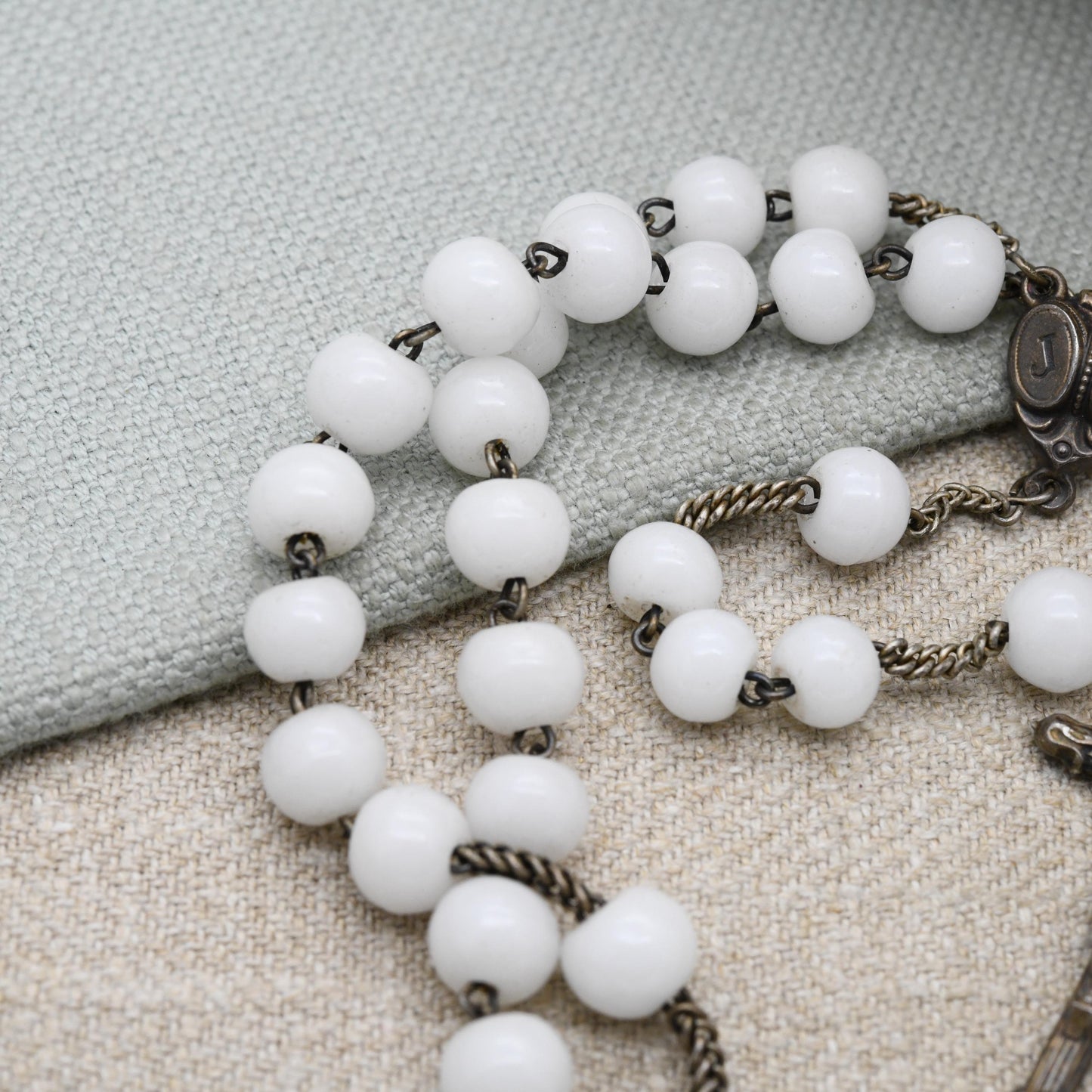Vintage French Silver Rosary with White Glass Beads and Crucifix - JM Jesus and Mary Icon