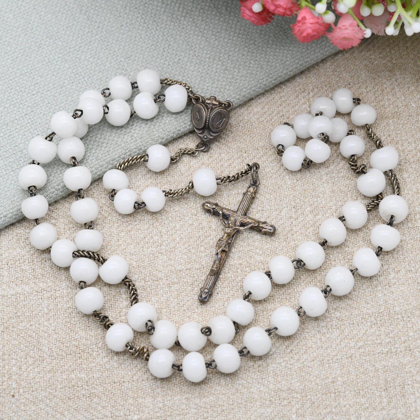 Vintage French Silver Rosary with White Glass Beads and Crucifix - JM Jesus and Mary Icon
