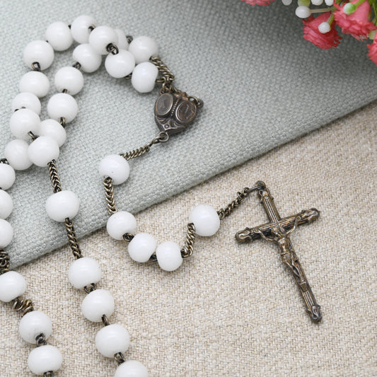 Vintage French Silver Rosary with White Glass Beads and Crucifix - JM Jesus and Mary Icon