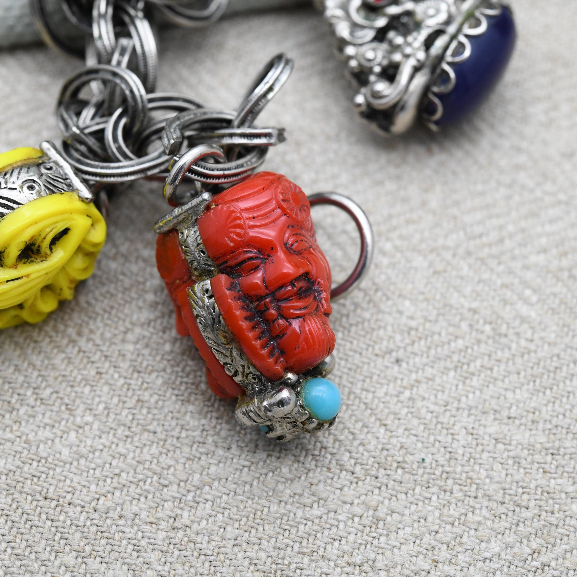 Vintage Selro Selini Charm Necklace with Brightly Coloured Early Plastic c. 1950s - Devil Face Old Man Watch Fob | Unsigned Designer