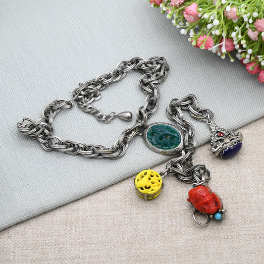 Vintage Selro Selini Charm Necklace with Brightly Coloured Early Plastic c. 1950s - Devil Face Old Man Watch Fob | Unsigned Designer