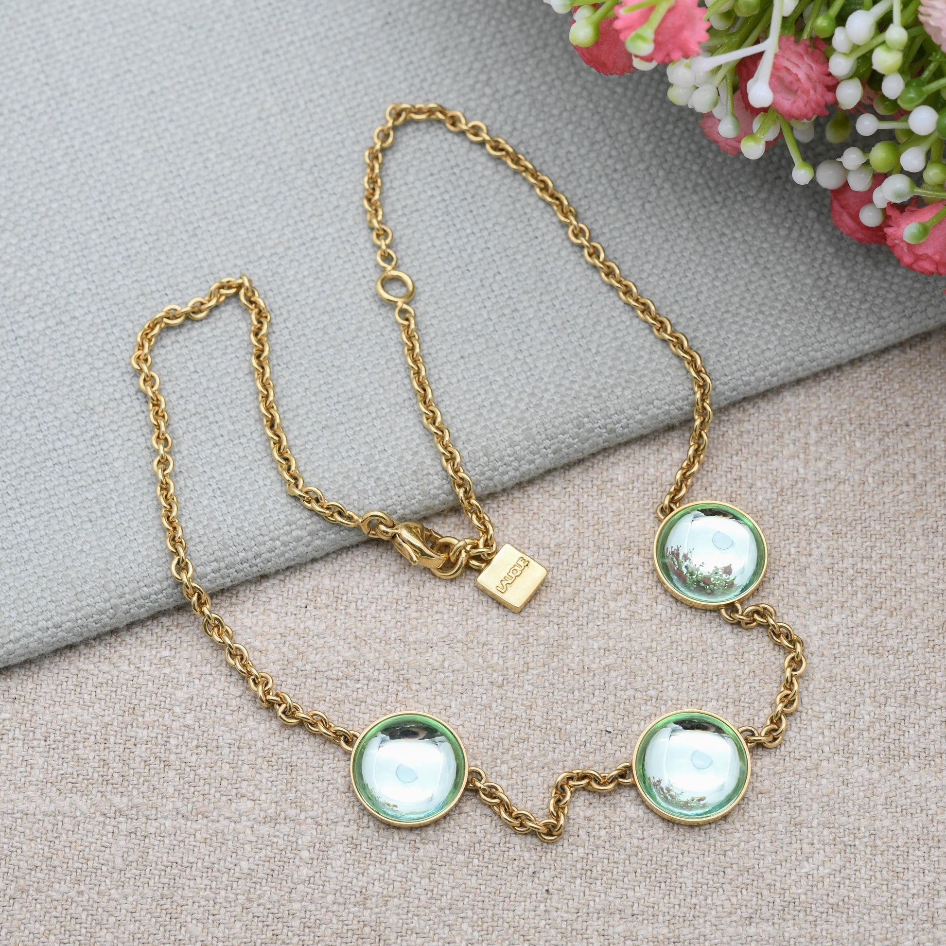 Lalique Teal Cabochon Necklace - Signed Designer High Quality Gold Tone Costume Jewellery