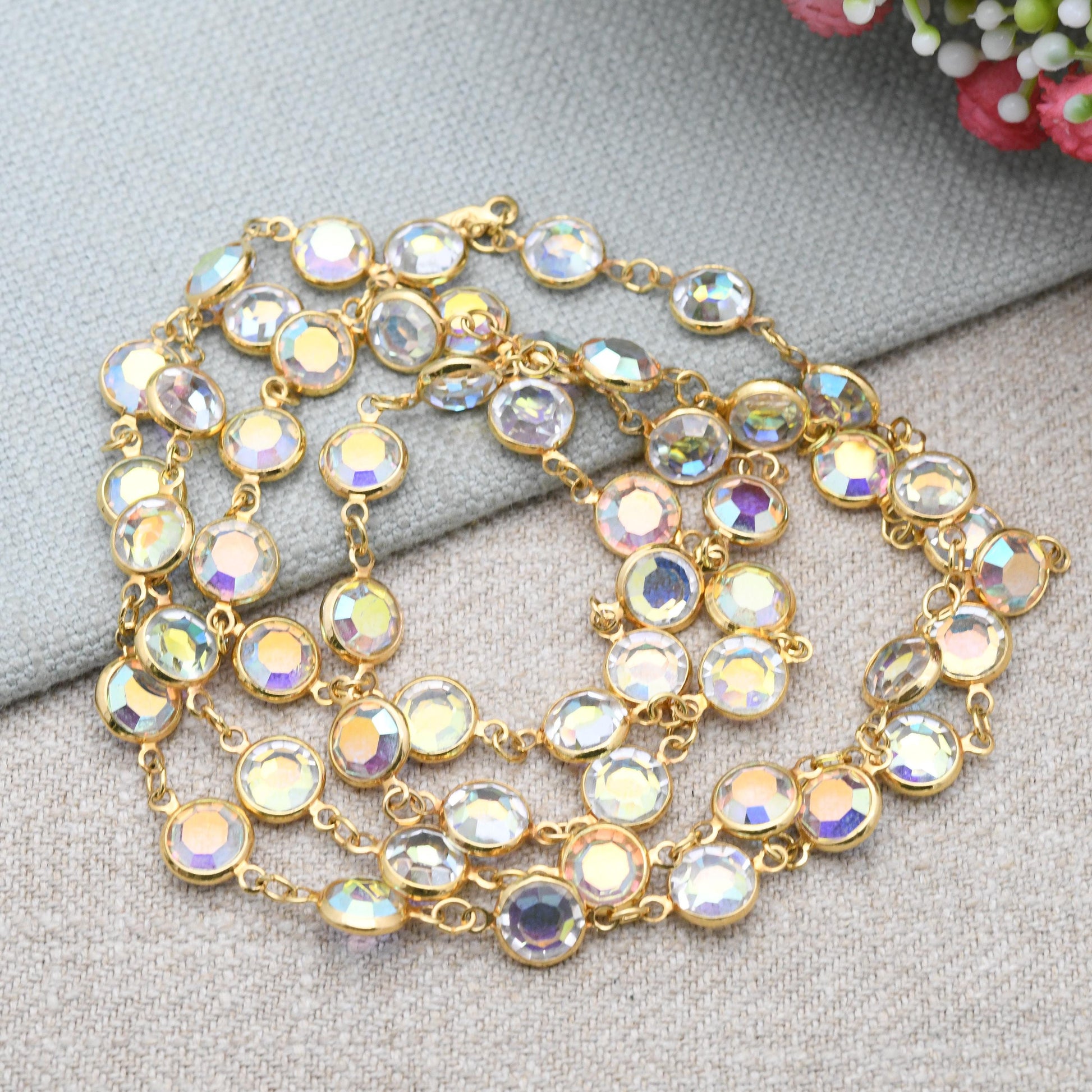 Vintage Swarovski Aurora Borealis Crystal Bezel Necklace - Gold Tone Faceted Crystals | Signed Designer Costume Jewellery | Long Length 36"
