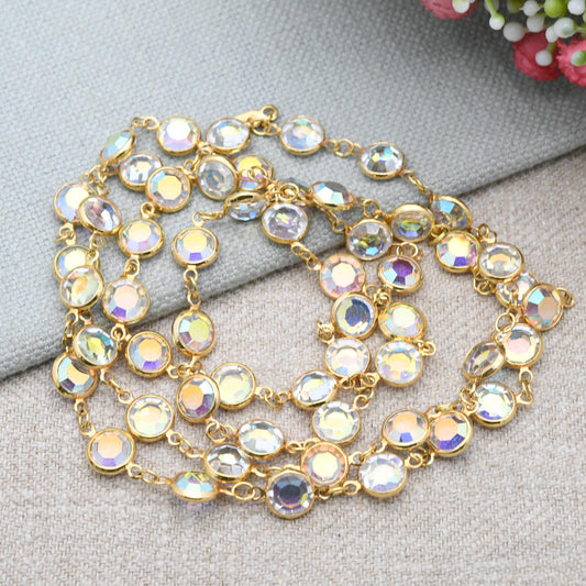 Vintage Swarovski Aurora Borealis Crystal Bezel Necklace - Gold Tone Faceted Crystals | Signed Designer Costume Jewellery | Long Length 36"