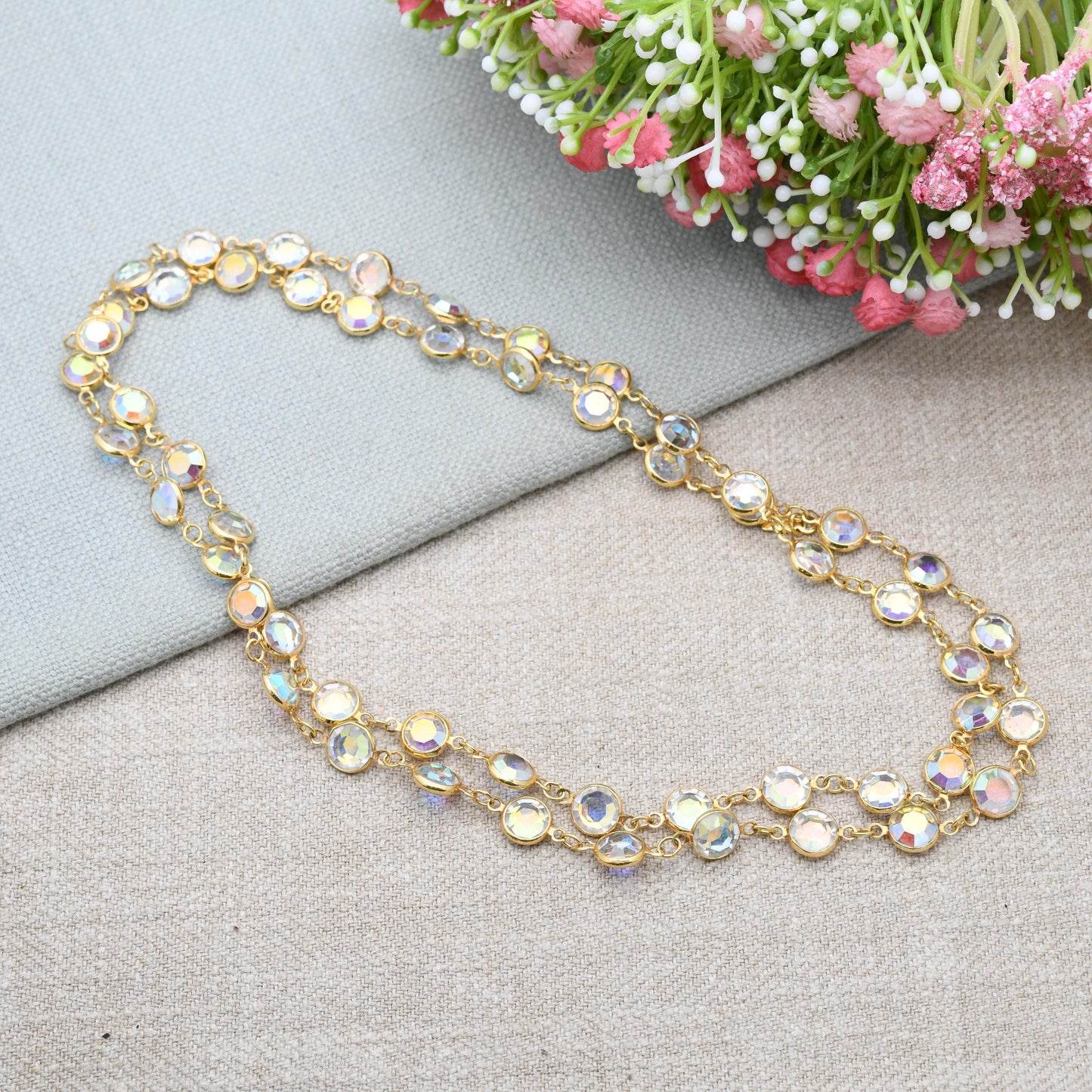 Vintage Swarovski Aurora Borealis Crystal Bezel Necklace - Gold Tone Faceted Crystals | Signed Designer Costume Jewellery | Long Length 36"