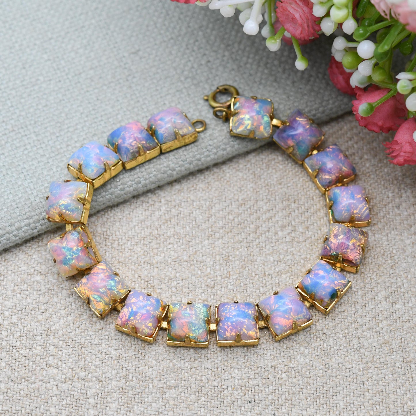 Vintage Foiled Glass Panel Bracelet c. 1950s - Opalescent Imitation Opal Stones