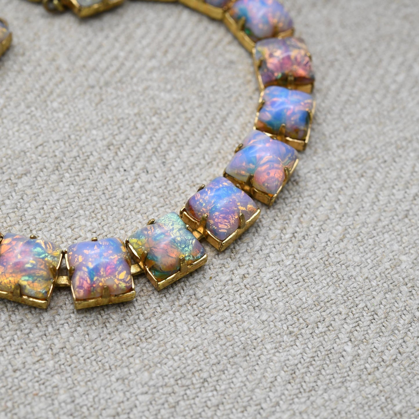 Vintage Foiled Glass Panel Bracelet c. 1950s - Opalescent Imitation Opal Stones