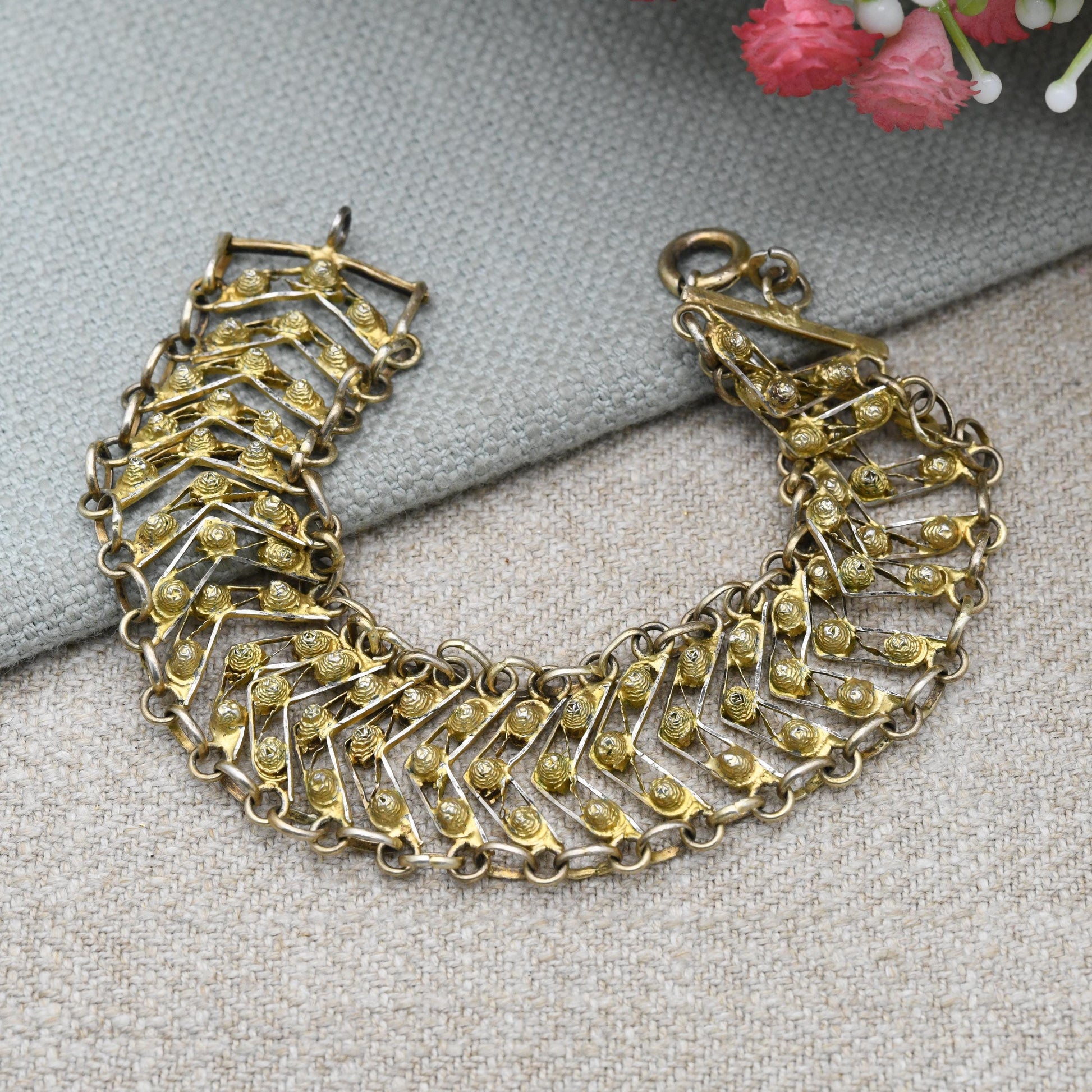 Vintage Portuguese Silver Gilt Filigree Chevron Bracelet Gold Plated | 7.5"