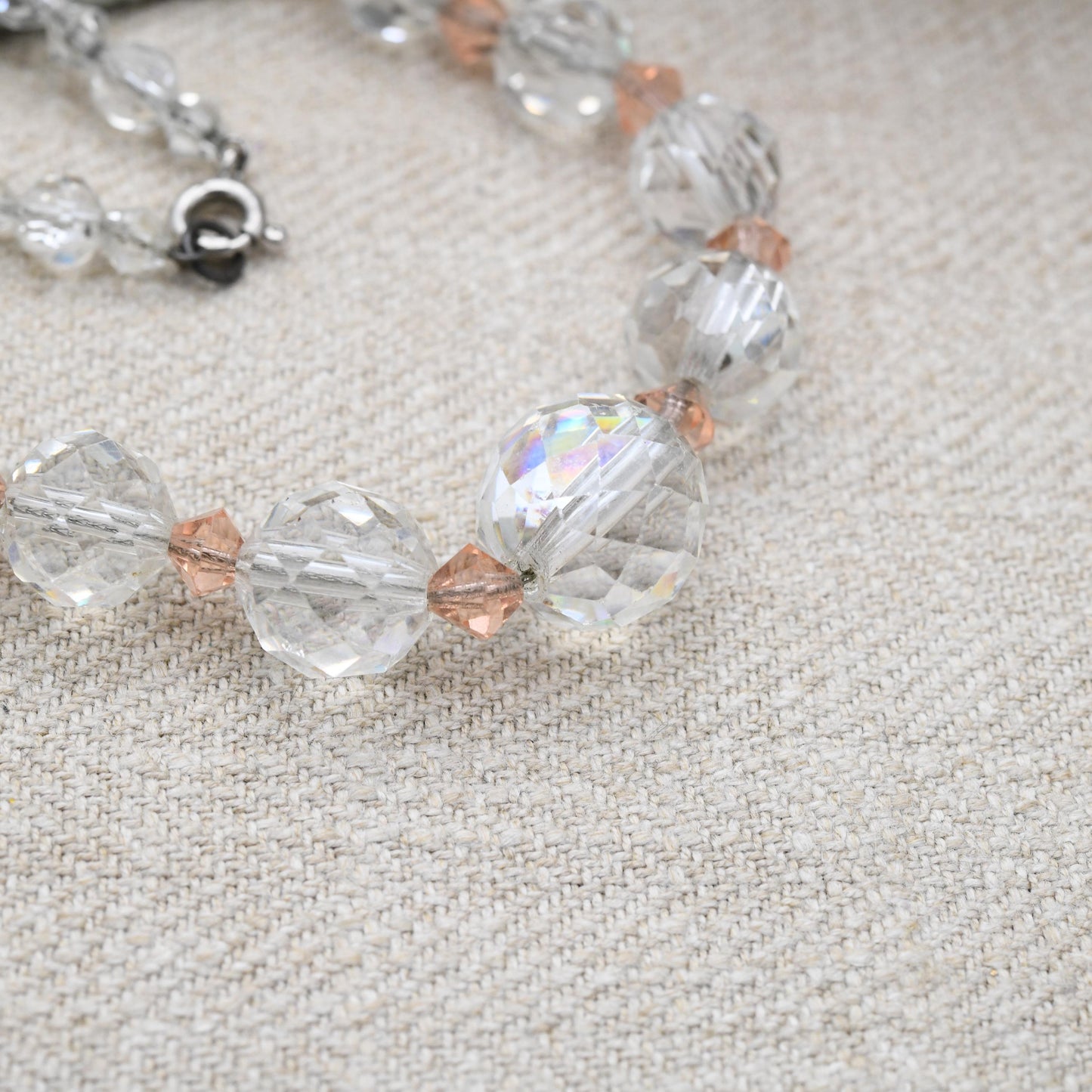 Antique Faceted Glass Necklace with Graduated Clear and Pink Stones 18"