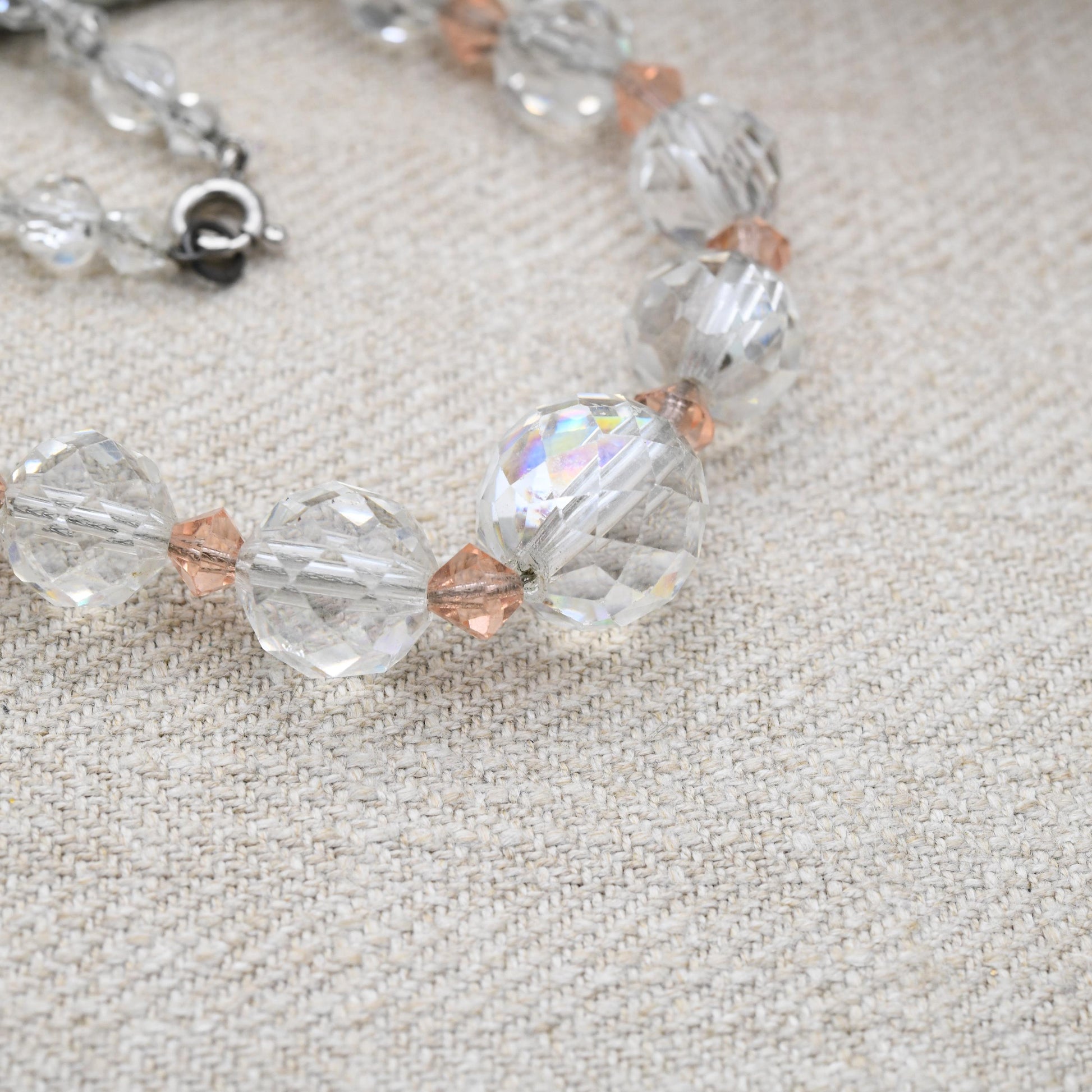Antique Faceted Glass Necklace with Graduated Clear and Pink Stones 18"
