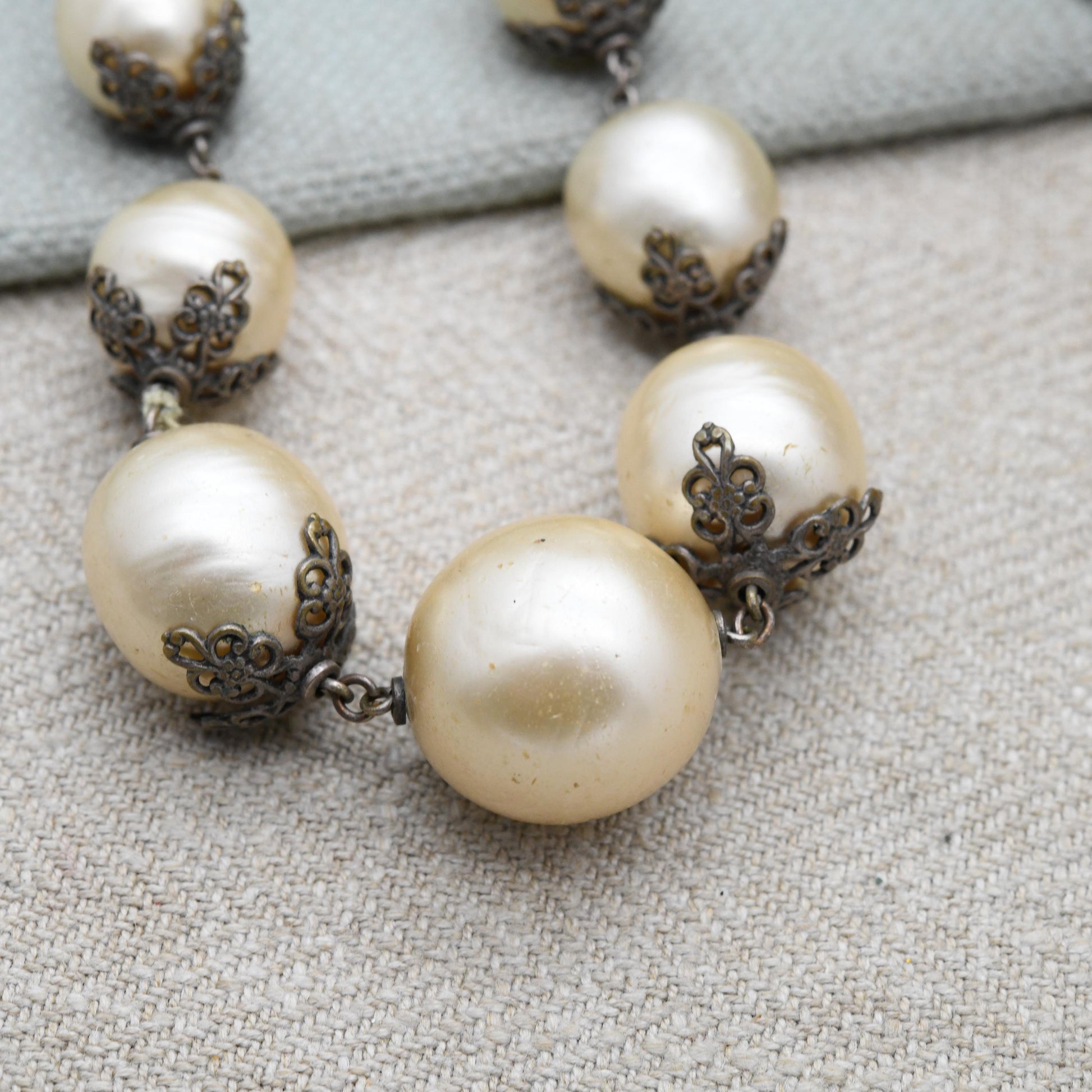 Art Deco Faux Pearl Necklace with Filigree Cap Beads and Chainmail Mesh c. 1930s Unsigned Louis Rousselet for Restoration - Length 22" 56cm
