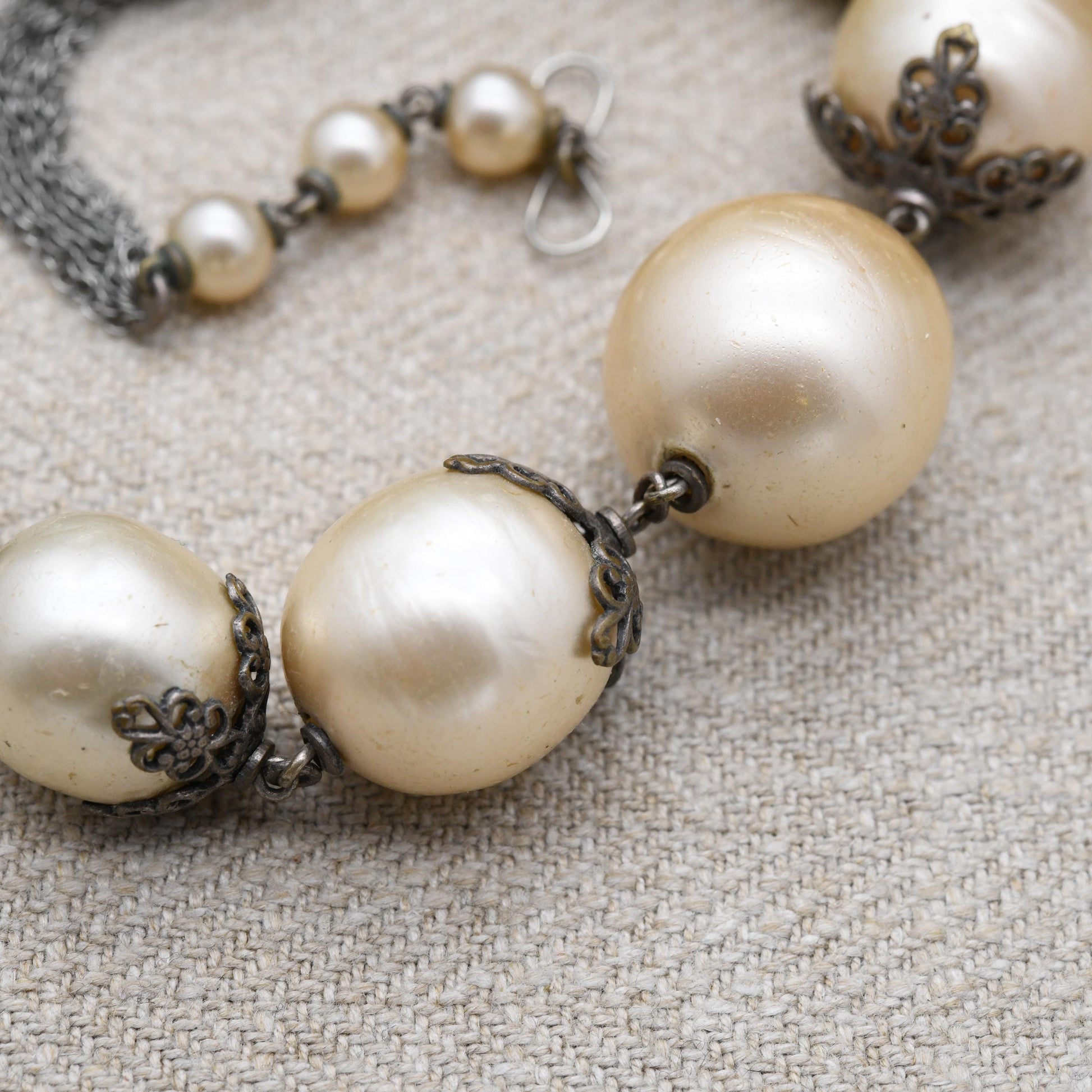 Art Deco Faux Pearl Necklace with Filigree Cap Beads and Chainmail Mesh c. 1930s Unsigned Louis Rousselet for Restoration - Length 22" 56cm