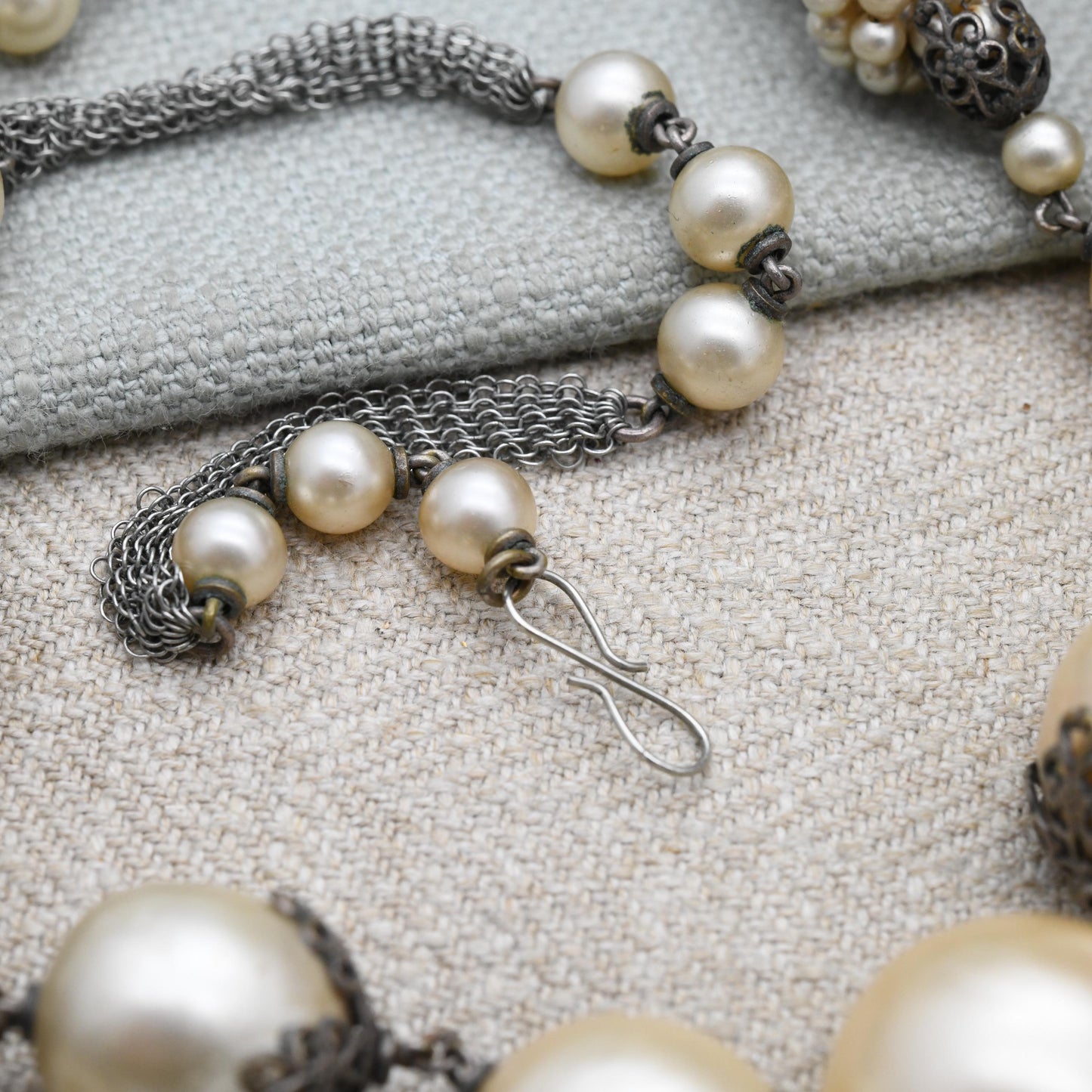 Art Deco Faux Pearl Necklace with Filigree Cap Beads and Chainmail Mesh c. 1930s Unsigned Louis Rousselet for Restoration - Length 22" 56cm