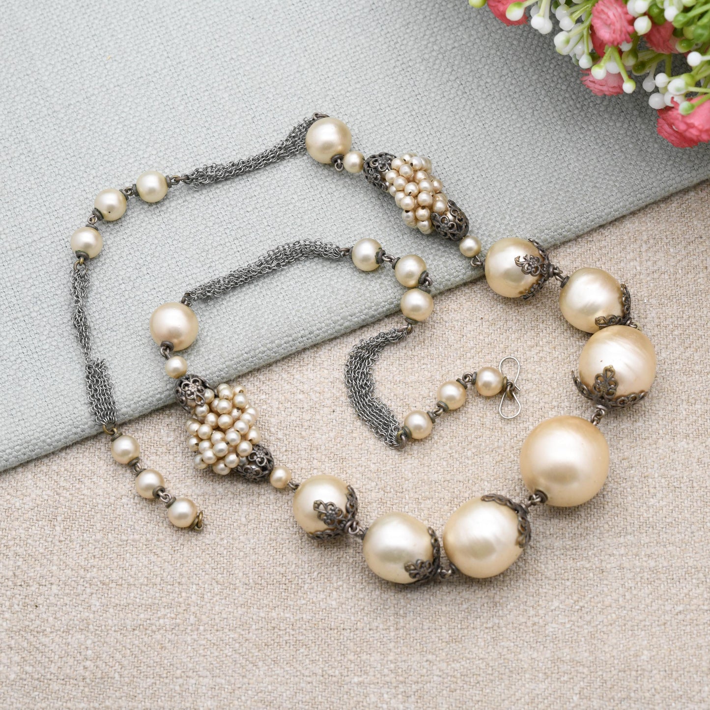 Art Deco Faux Pearl Necklace with Filigree Cap Beads and Chainmail Mesh c. 1930s Unsigned Louis Rousselet for Restoration - Length 22" 56cm