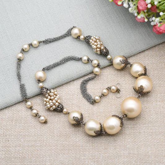 Art Deco Faux Pearl Necklace with Filigree Cap Beads and Chainmail Mesh c. 1930s Unsigned Louis Rousselet for Restoration - Length 22" 56cm