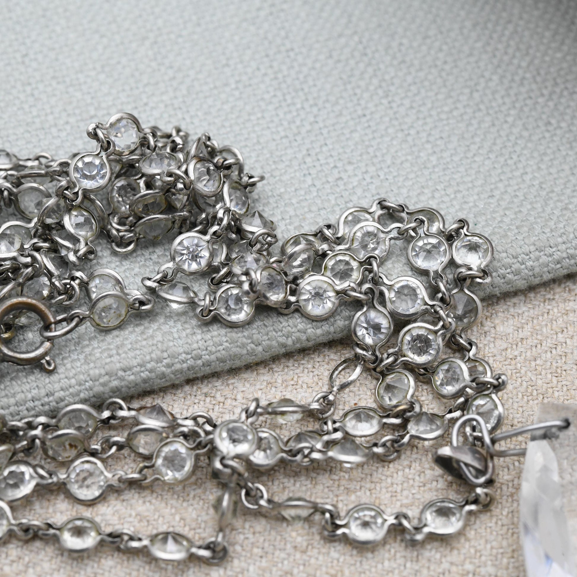 Antique Art Deco Crystal Pendant Necklace with Bezel Set Glass Chain - Long Length 57"