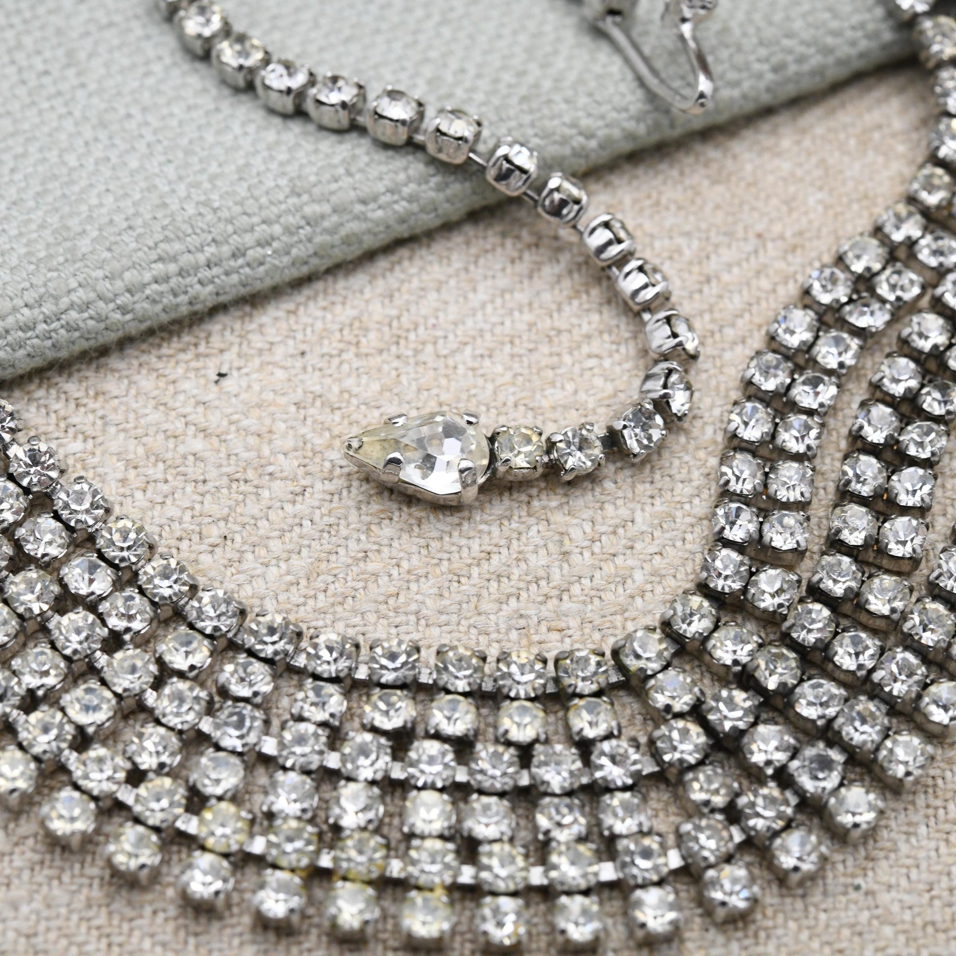 Vintage Rhinestone Necklace Wide Multi Strand Bib Style c. 1950s