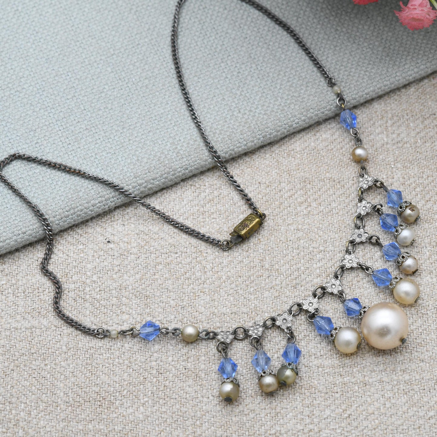 Antique Art Deco Czech Glass and Faux Pearl Fringe Necklace c. 1920s 1930s - Made in Czechoslovakia