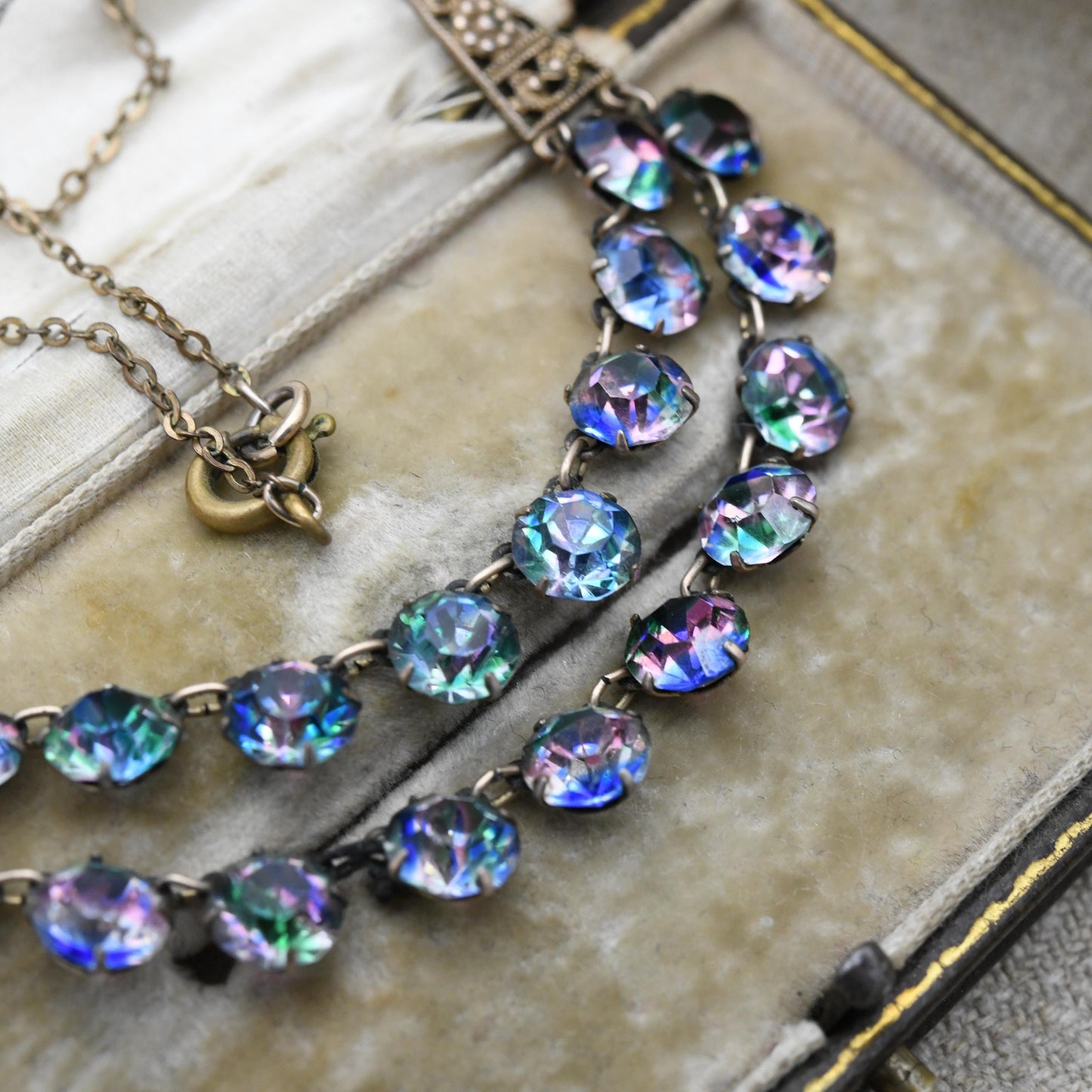 Antique Iris Glass Necklace Double Strand c. 1920s 1930s - Milgrain Panels | Czech Rainbow Crystals