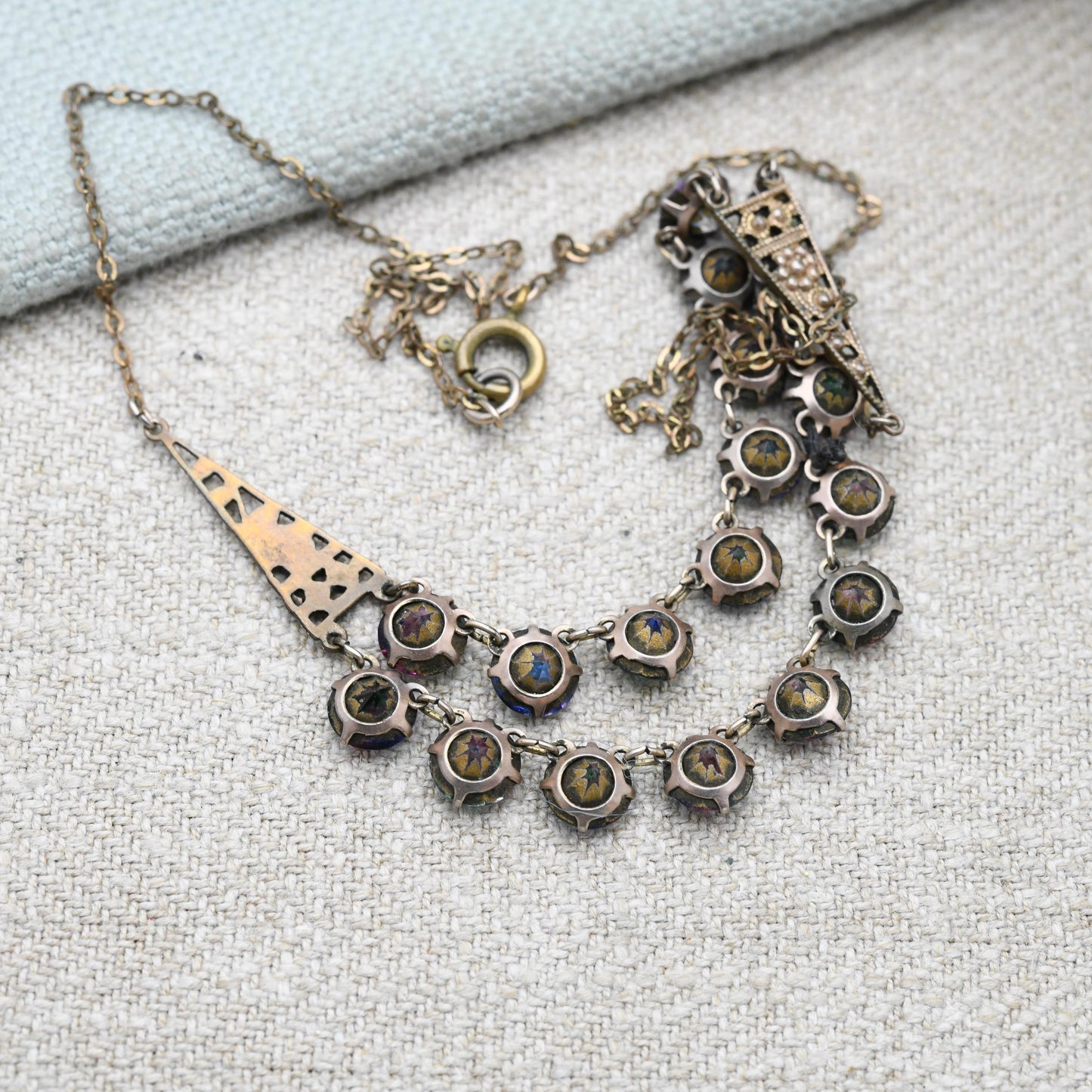 Antique Iris Glass Necklace Double Strand c. 1920s 1930s - Milgrain Panels | Czech Rainbow Crystals
