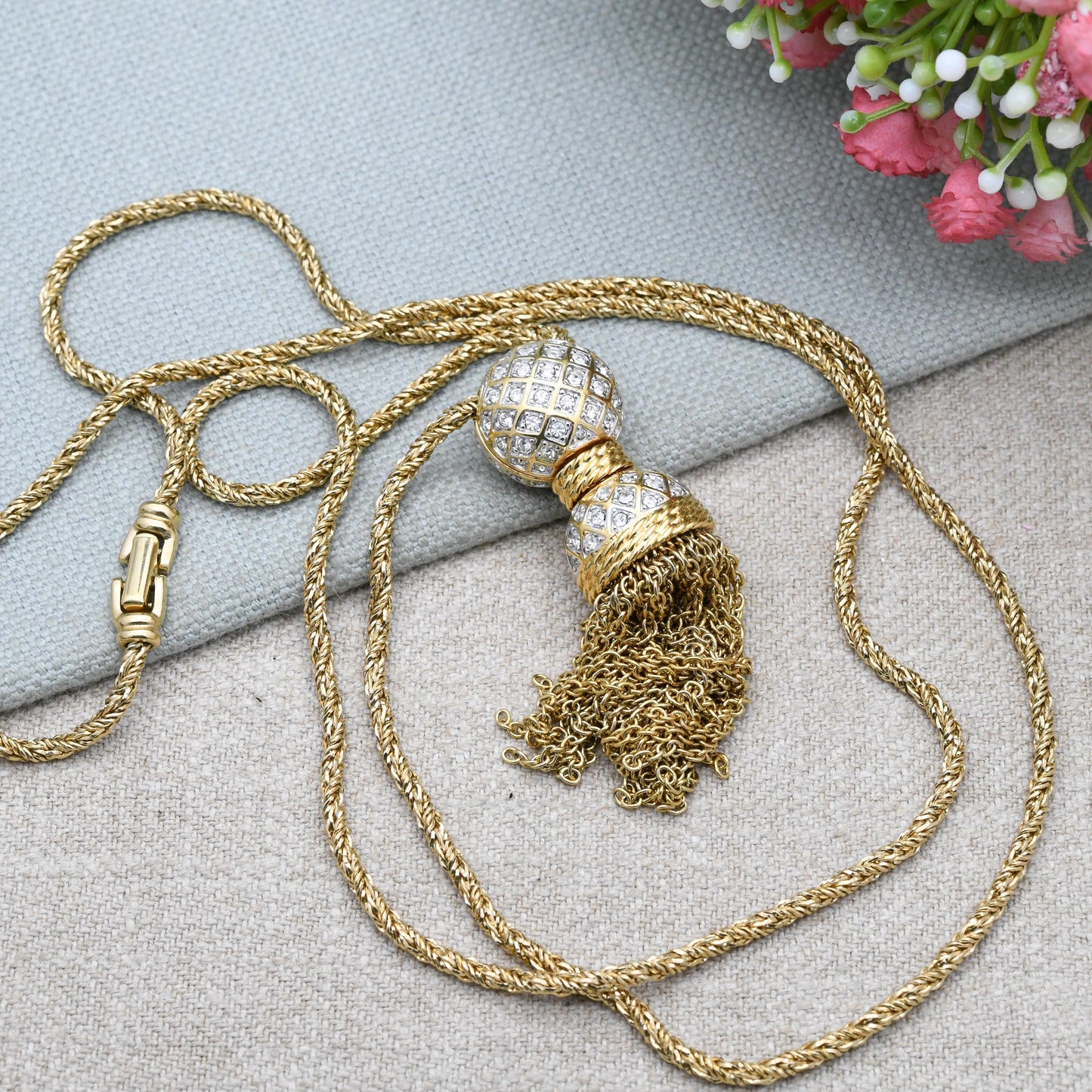 Vintage Swarovski Crystal Ball and Tassel Pendant Necklace - Statement Designer Gold Tone Jewellery