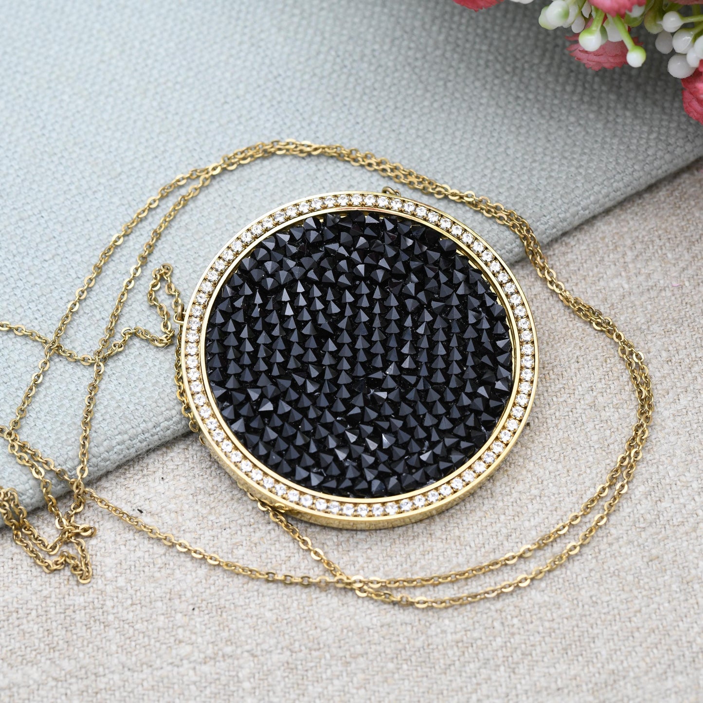 Vintage Swarovski Double Sided Crystal Necklace Large Size Disc 2" - Designer Gold Tone Jewellery
