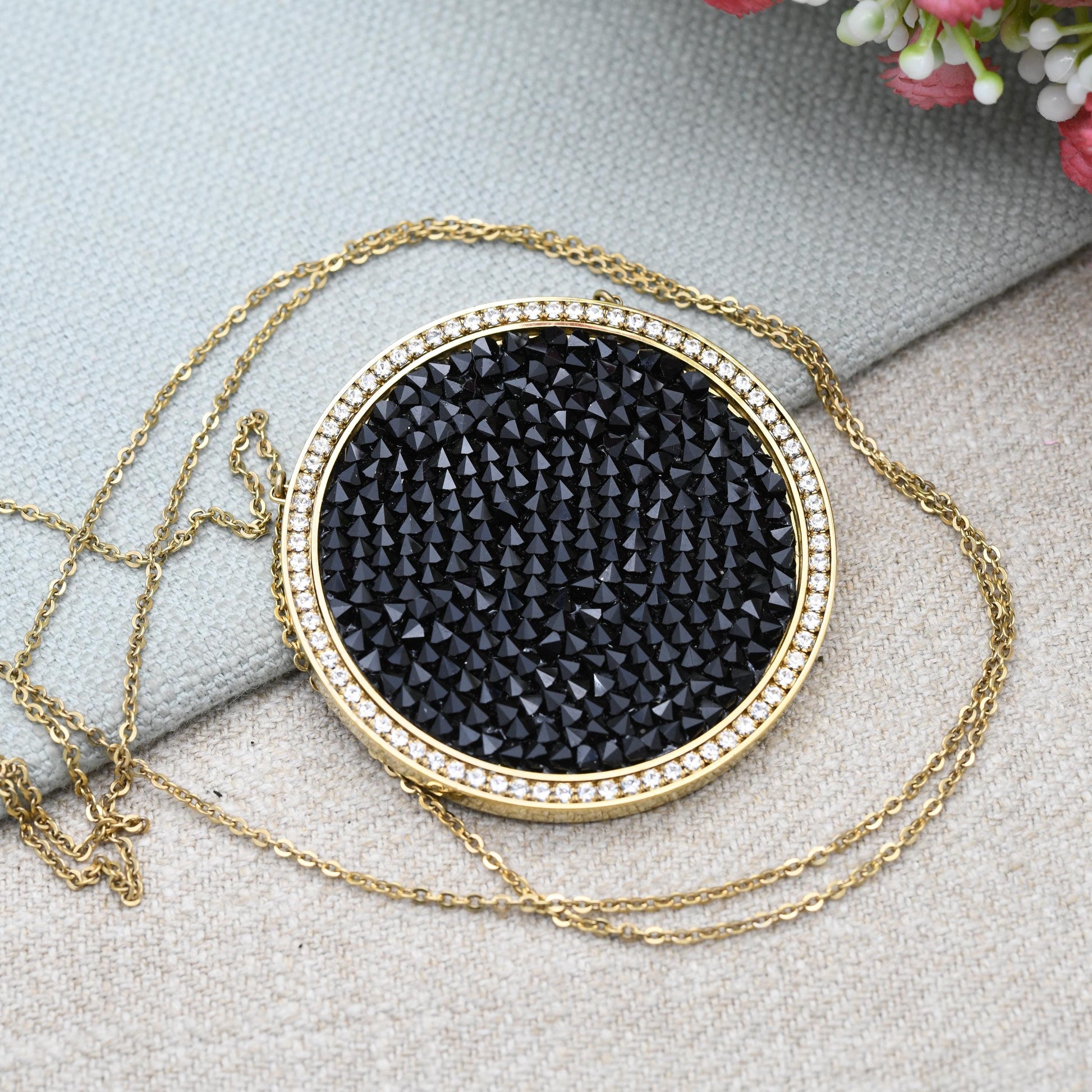 Vintage Swarovski Double Sided Crystal Necklace Large Size Disc 2" - Designer Gold Tone Jewellery