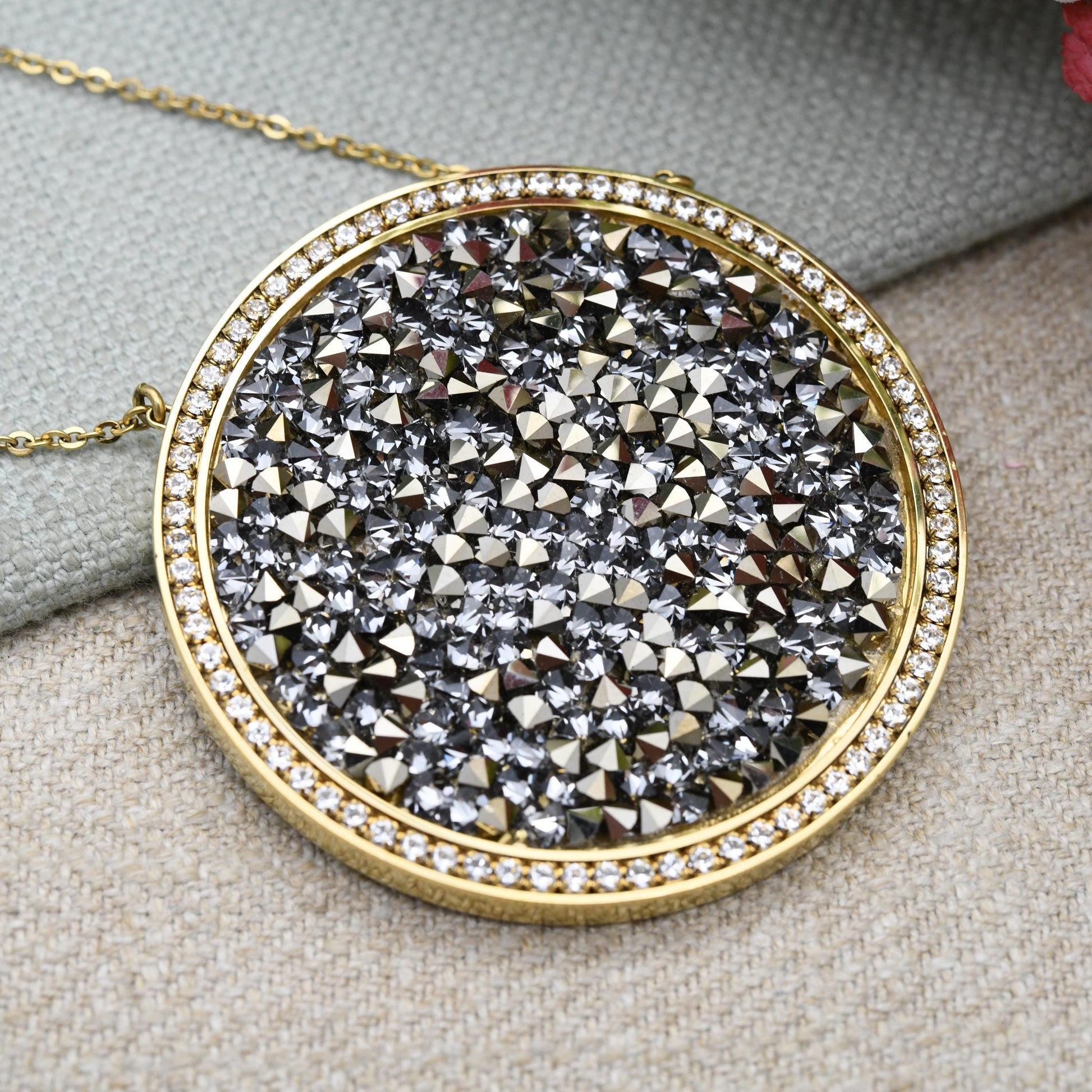 Vintage Swarovski Double Sided Crystal Necklace Large Size Disc 2" - Designer Gold Tone Jewellery