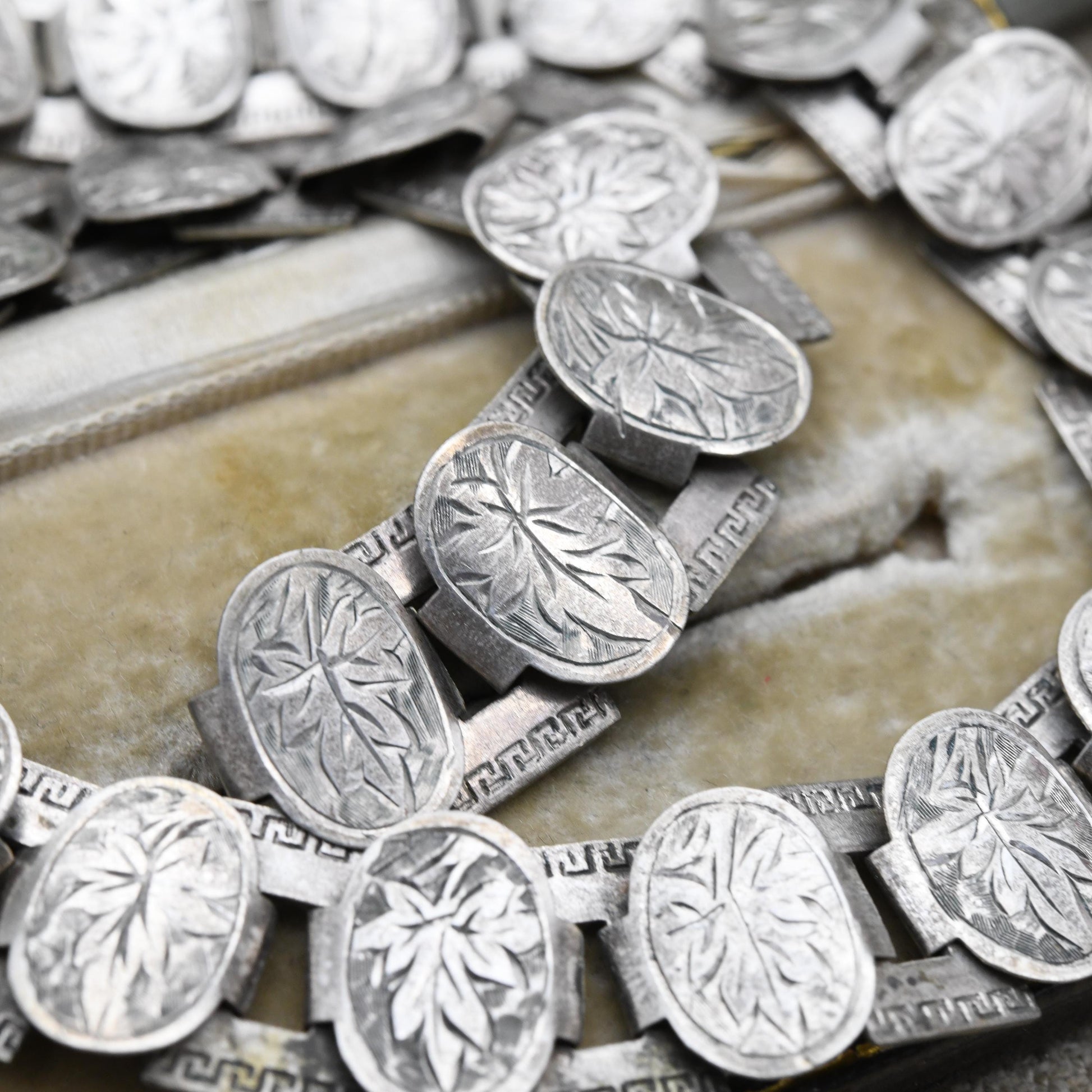 Antique Silver Victorian Book Chain Necklace with Bolt Ring Clasp 16" - Engraved Ivy Leaf and Greek Key Pattern