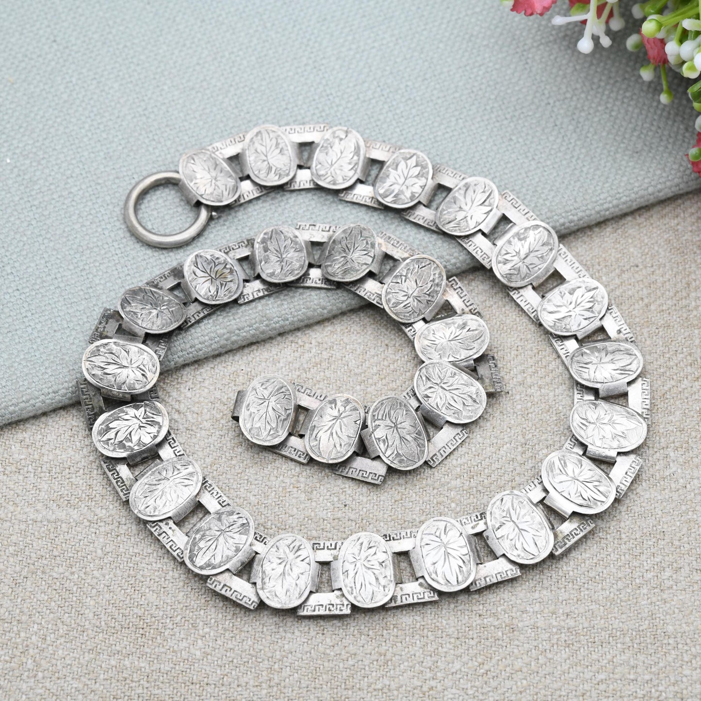 Antique Silver Victorian Book Chain Necklace with Bolt Ring Clasp 16" - Engraved Ivy Leaf and Greek Key Pattern