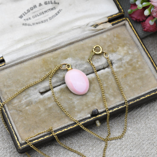 Vintage Gold Filled Pink Opal Pendant Necklace on Trace Chain by ECCO - Cabochon Pink Gemstone