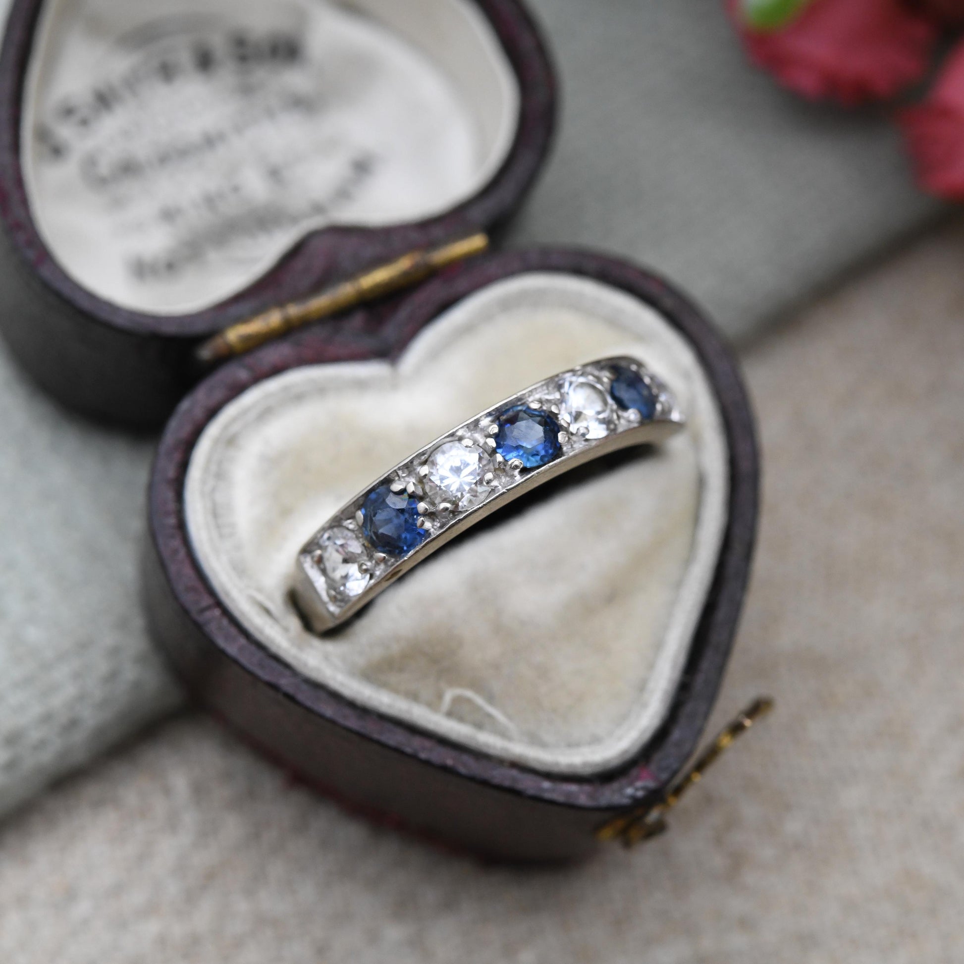 Vintage 18ct Gold Sapphire and Clear Stone Half Eternity Ring 1973 - Alternating Five Stone Engagement Ring | UK Size M 1/2 | US Size 6 1/2