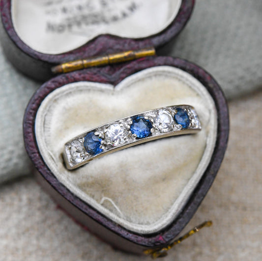 Vintage 18ct Gold Sapphire and Clear Stone Half Eternity Ring 1973 - Alternating Five Stone Engagement Ring | UK Size M 1/2 | US Size 6 1/2