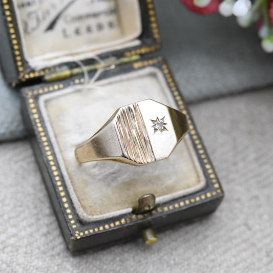 Vintage 9ct Gold Diamond Signet Ring 1985 - Solid Yellow Gold Starburst Textured Gift for Him Ring Men | UK Size - V 1/2 US | Size - 10 3/4