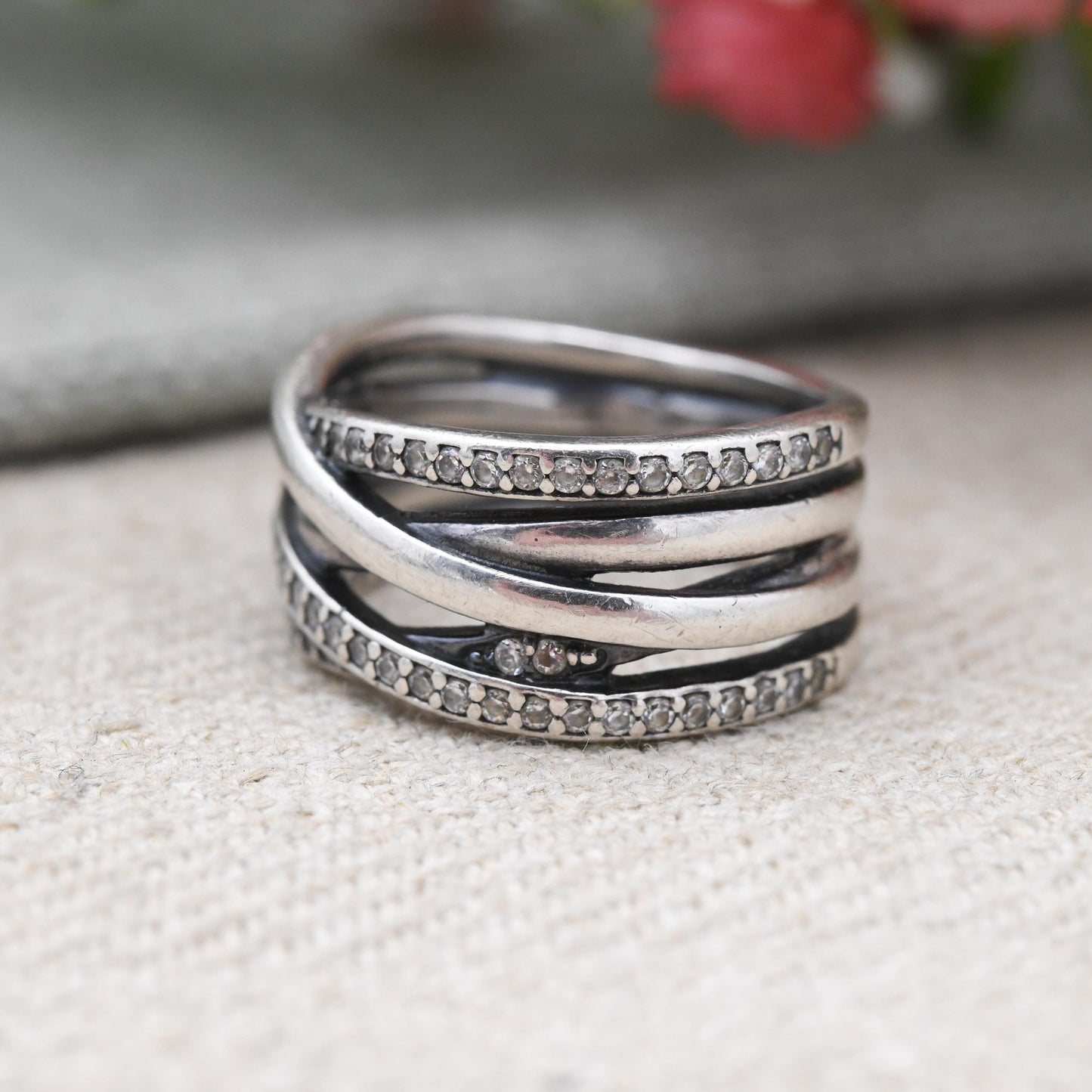 Pandora Sterling Silver Multi Band White Stone Stacking Ring - Pavé Setting | Pretty Gift for Her | UK Size - N | US Size - 6 3/4
