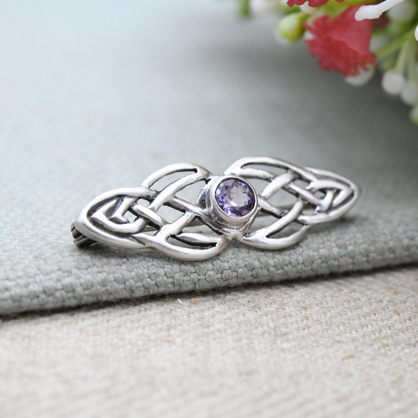 Vintage Scottish Sterling Silver Amethyst Celtic Knot Bar Brooch - Celtic Twisted Rope Design | Purple Gemstone