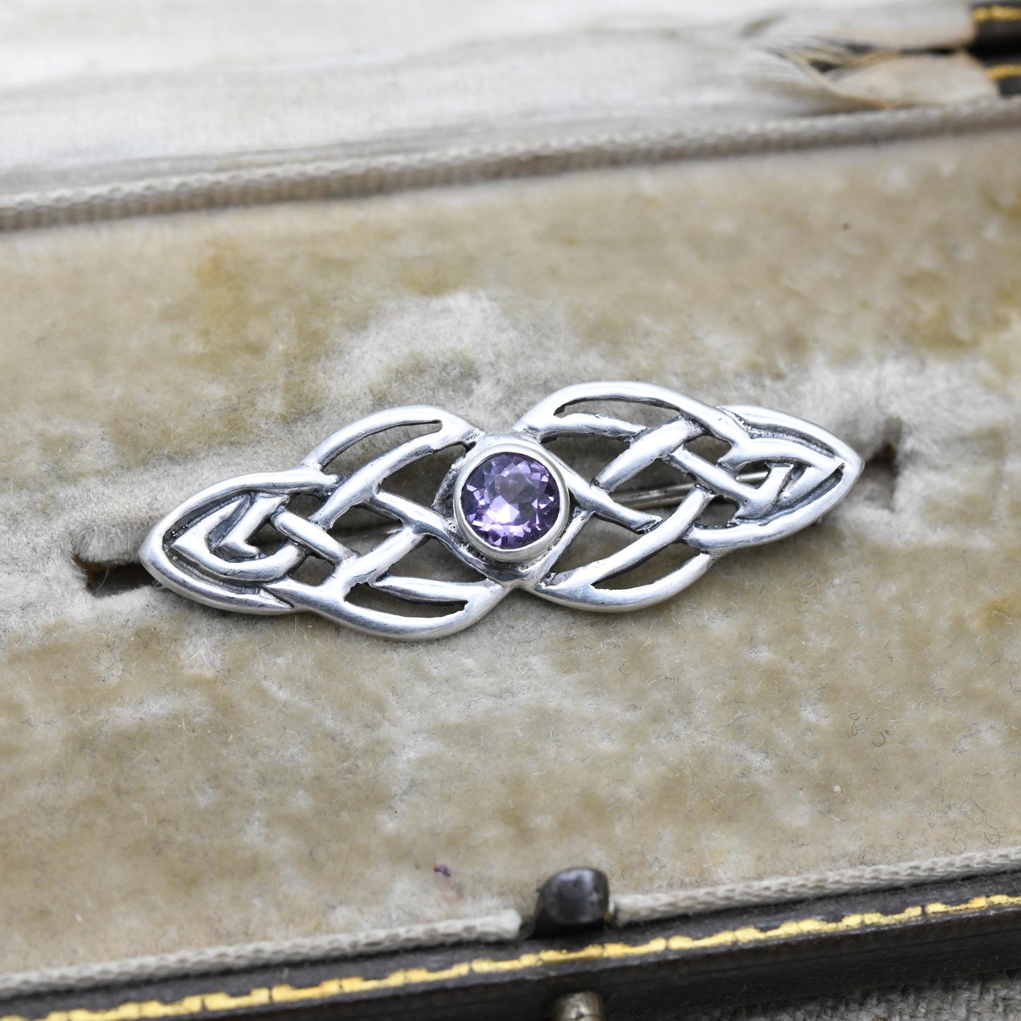 Vintage Scottish Sterling Silver Amethyst Celtic Knot Bar Brooch - Celtic Twisted Rope Design | Purple Gemstone