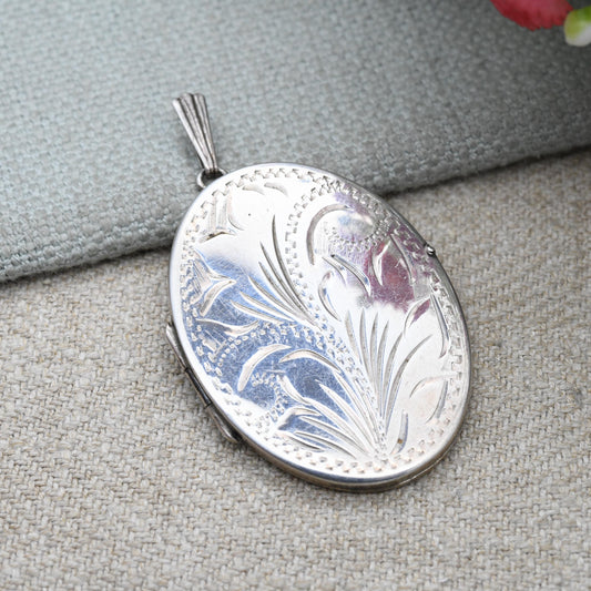 Vintage Sterling Silver Floral Locket Pendant - Large Oval Shape Opening Locket with Engraved Flower Design | Gift for Pendant Necklace