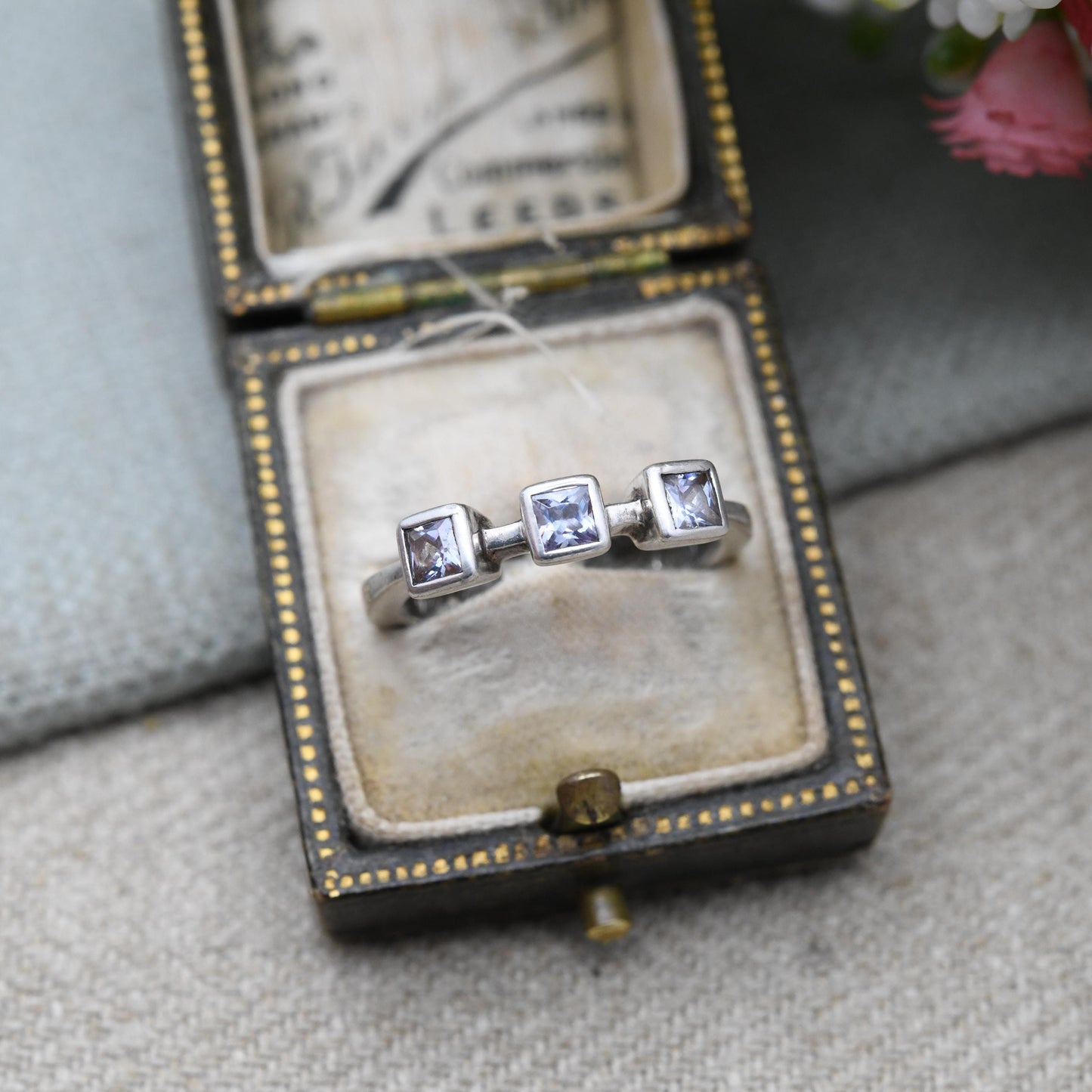 Fossil Sterling Silver Clear Stone Solitaire Ring - Square White Stone | Bezel | UK Size - N 1/2 | US Size - 7