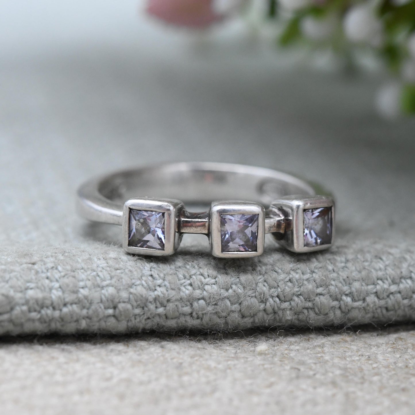 Fossil Sterling Silver Clear Stone Solitaire Ring - Square White Stone | Bezel | UK Size - N 1/2 | US Size - 7