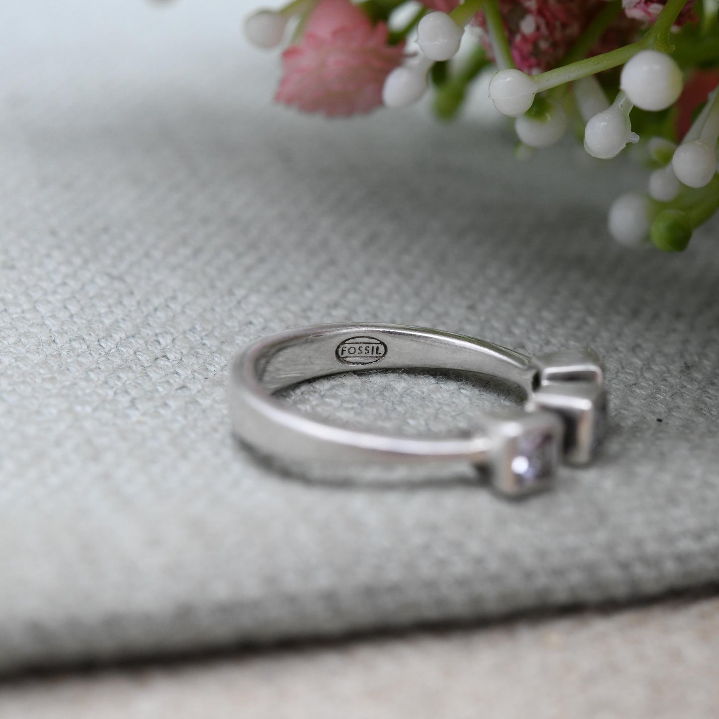 Fossil Sterling Silver Clear Stone Solitaire Ring - Square White Stone | Bezel | UK Size - N 1/2 | US Size - 7