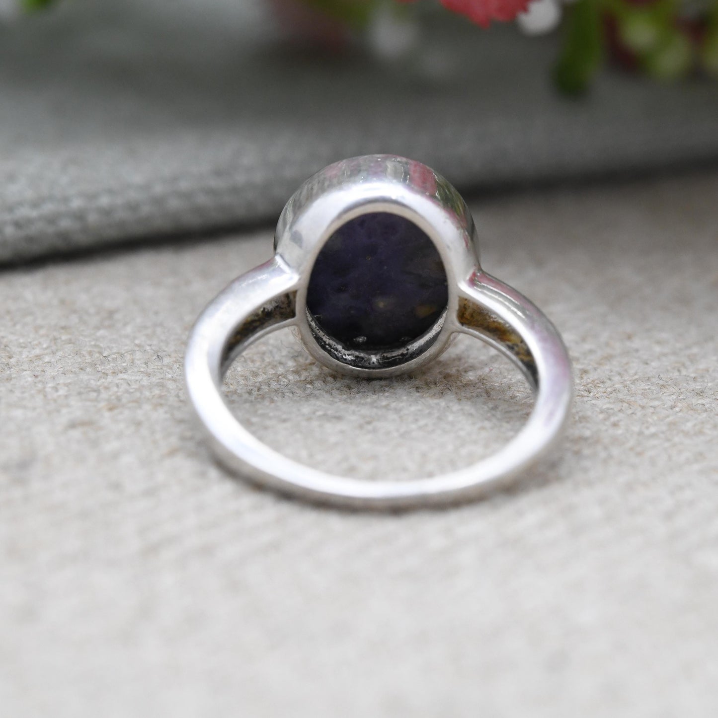Vintage Sterling Silver Purple Stone Signet Ring - Cabochon Large Purple Stone | UK Size - N | US Size - 6 1/2
