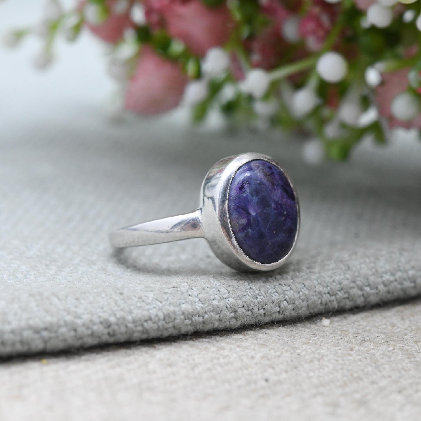 Vintage Sterling Silver Purple Stone Signet Ring - Cabochon Large Purple Stone | UK Size - N | US Size - 6 1/2