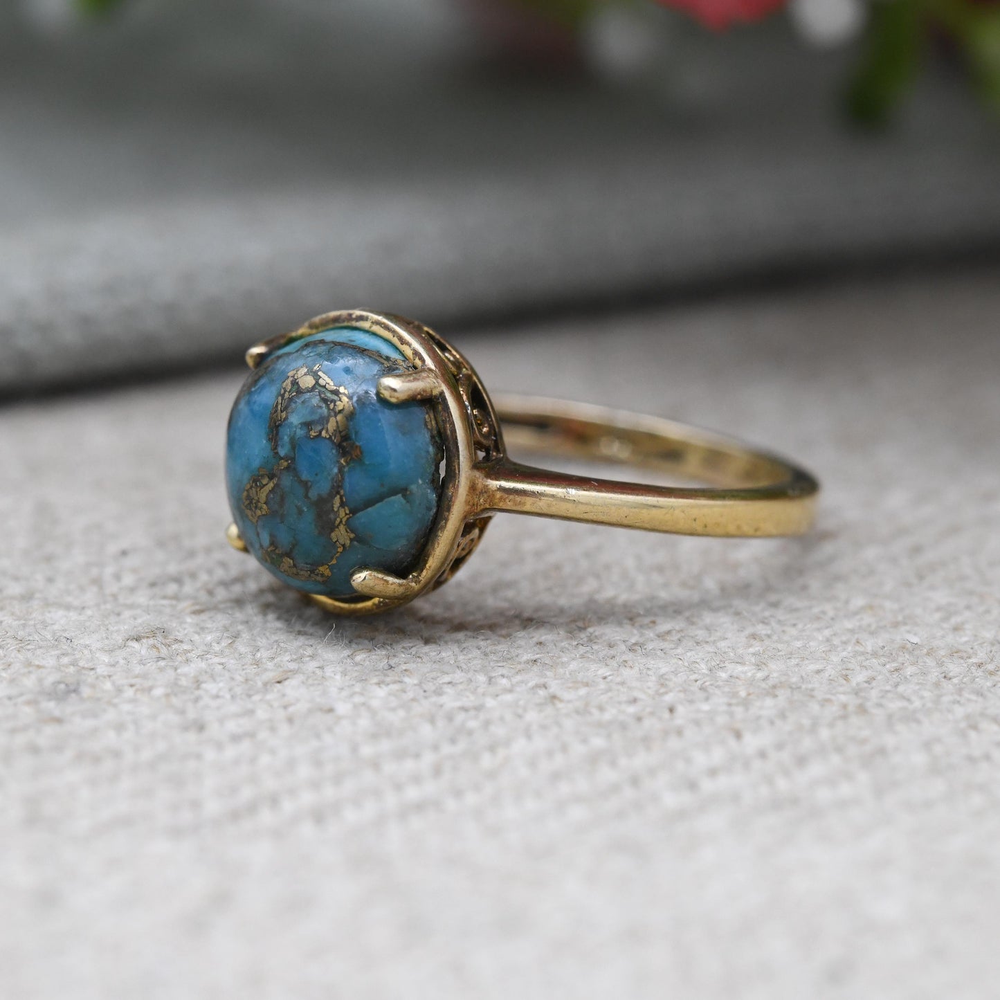 Vintage Sterling Silver Turquoise Solitaire Ring - Gold Plated Blue Gemstone | Round Cabochon | UK Size - N | US Size - 6 3/4