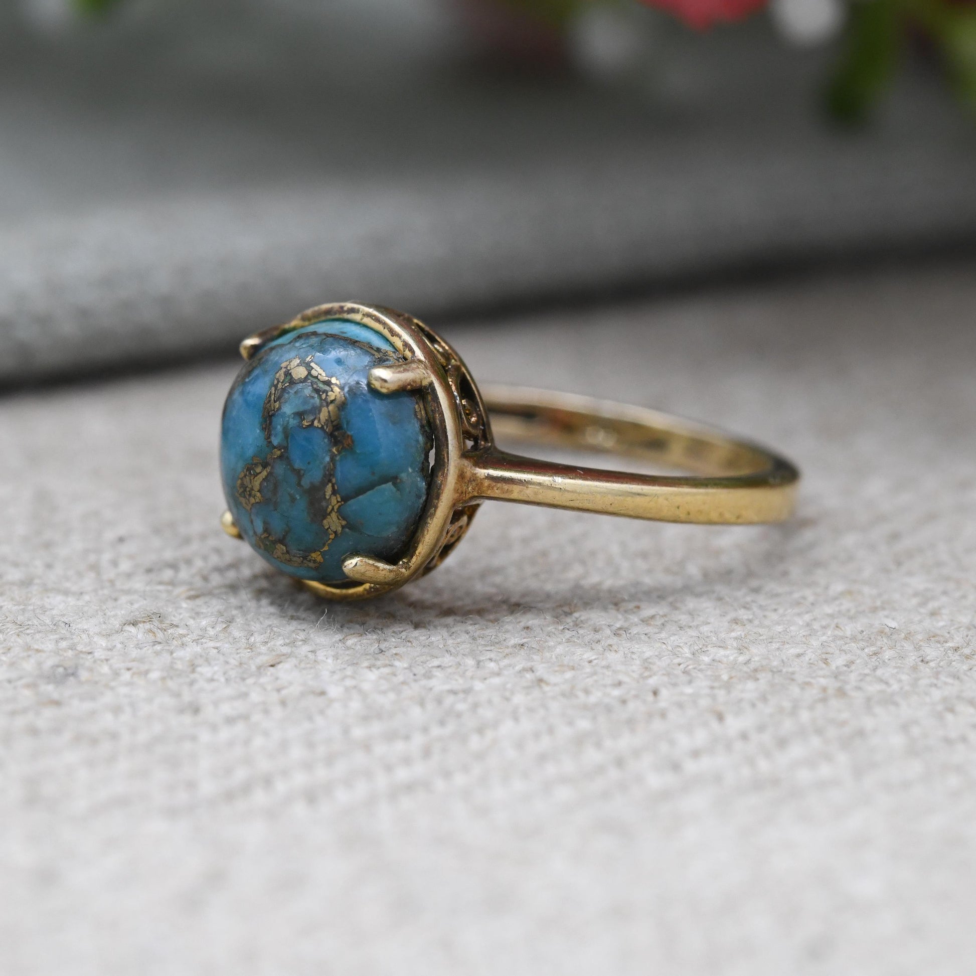 Vintage Sterling Silver Turquoise Solitaire Ring - Gold Plated Blue Gemstone | Round Cabochon | UK Size - N | US Size - 6 3/4