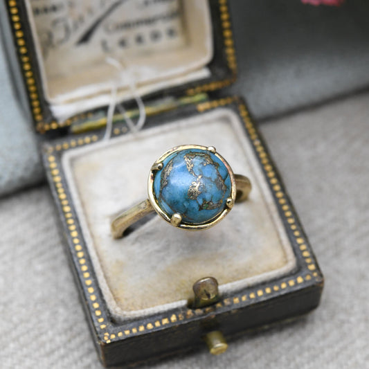 Vintage Sterling Silver Turquoise Solitaire Ring - Gold Plated Blue Gemstone | Round Cabochon | UK Size - N | US Size - 6 3/4