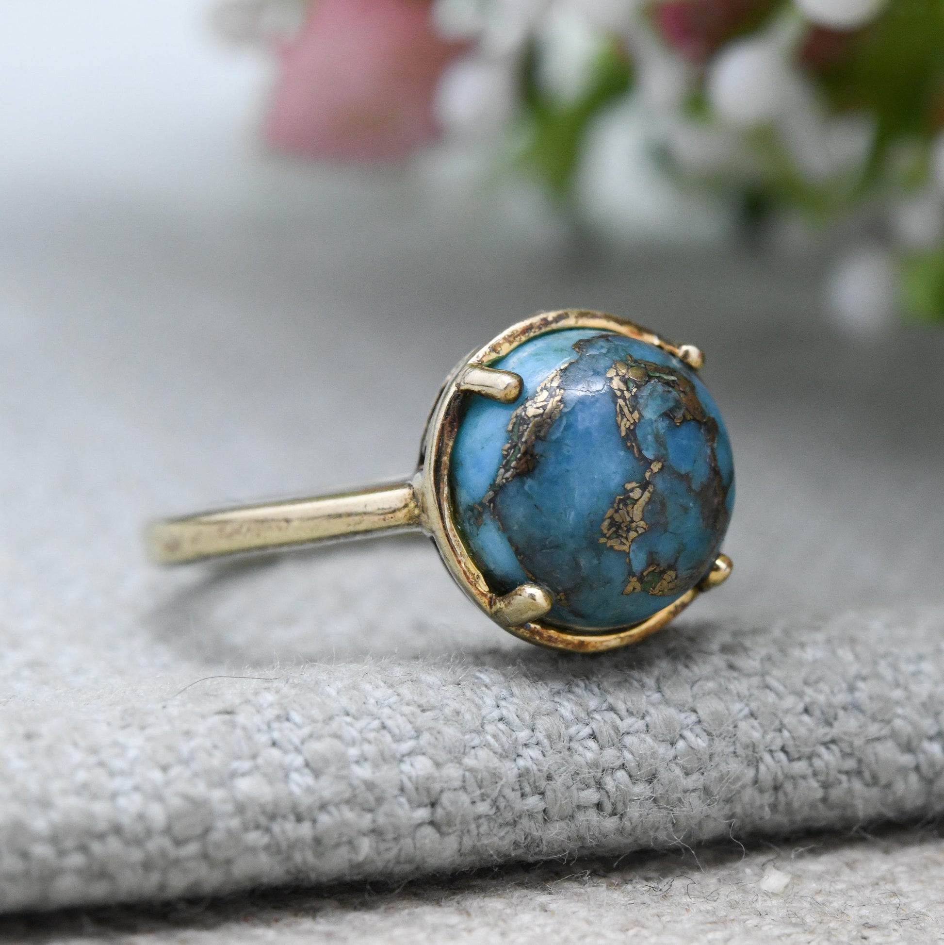 Vintage Sterling Silver Turquoise Solitaire Ring - Gold Plated Blue Gemstone | Round Cabochon | UK Size - N | US Size - 6 3/4