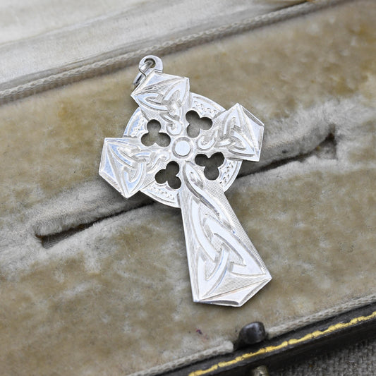 Vintage Silver Celtic Cross Pendant 1978 - Engraved Celtic Twists and Triquetras | Vintage Religious Jewellery Gift