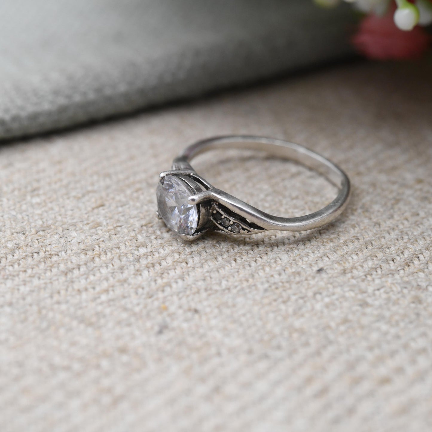 Vintage Sterling Silver Clear Stone Solitaire Ring - Large White Stone with Side Stones | Placeholder Ring | UK Size - K 1/2 US Size - 6 1/2