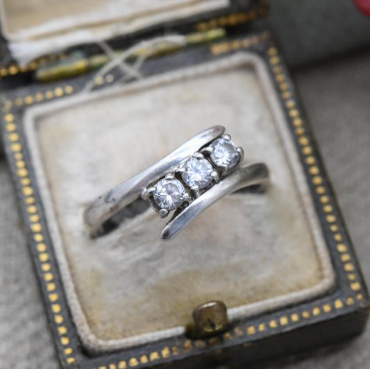 Vintage Sterling Silver CZ Bypass Three Stone Ring - Clear Gemstone Trilogy Ring | UK Size - L 1/2 | US Size - 6